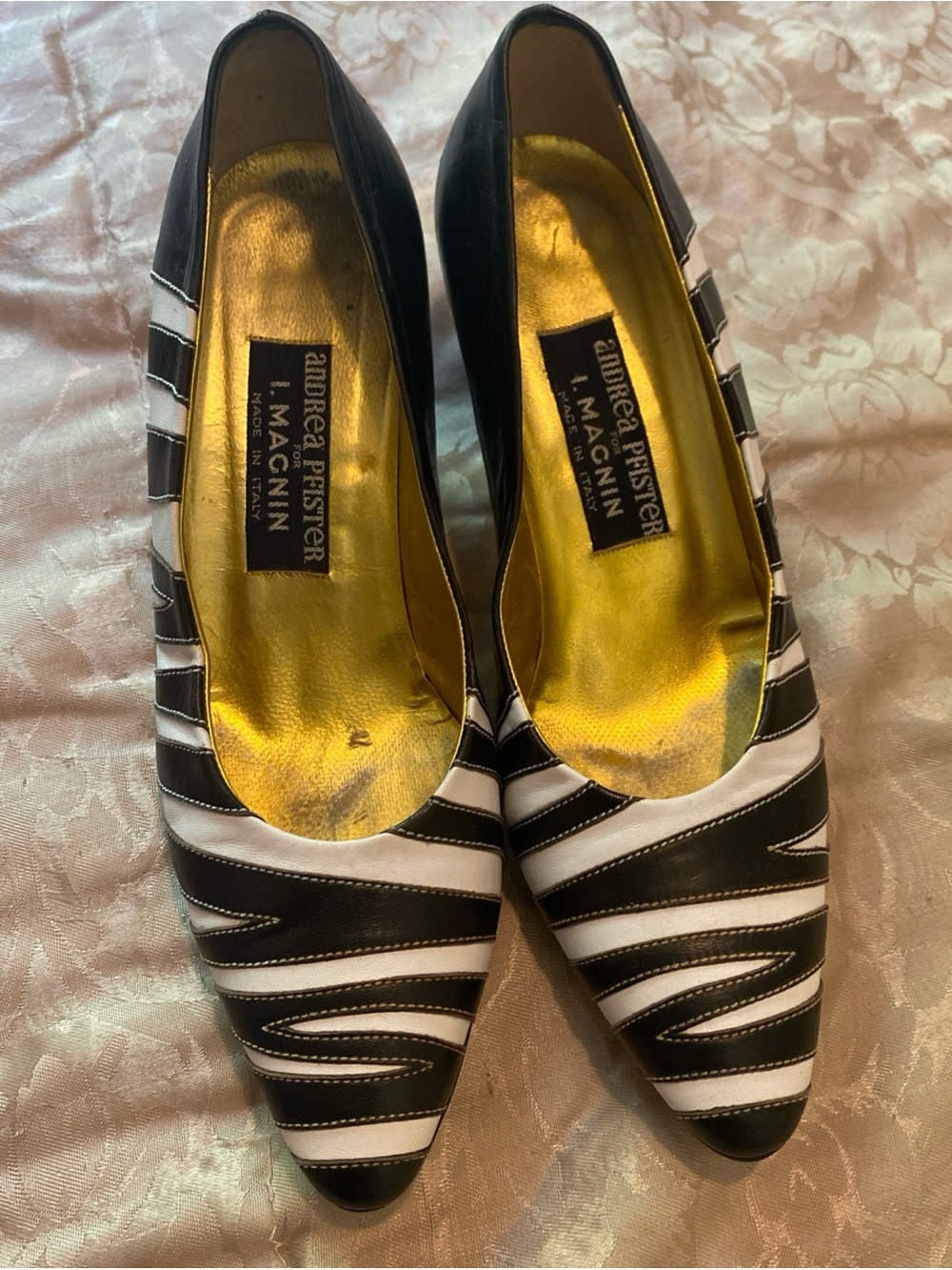 Andrea Pfister by I. Magnin Black & White Striped Pointed Toe Flats